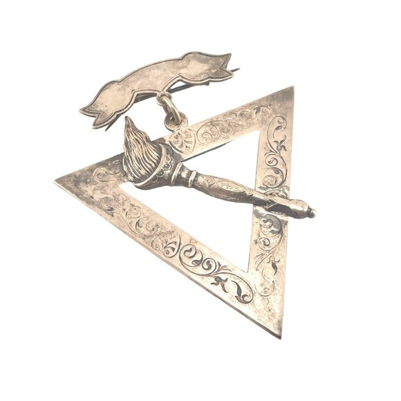 Vintage Silver Masonic Jewel Pin Brooch With Engraved Triangle and Torch  Emblem - Picture 1 of 10